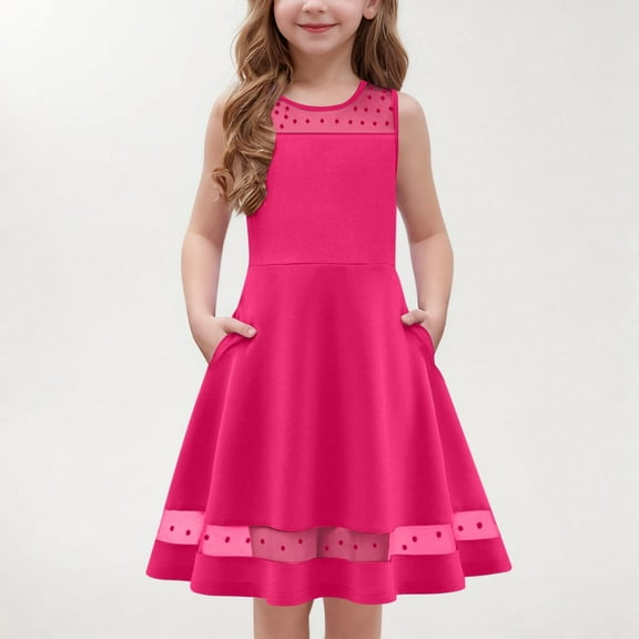 Spazoro Toddler Girls A-Line Dress, Round Neck Sleeveless Casual Solid Color Princess Dresses for Child Girls Hot Pink Size 5 T