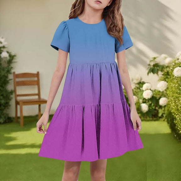 Spazoro Toddler Girls A-Line Dress, Short Sleeve Casual Color Block Round Neck Princess Dresses for Child Girls Purple Size 4-5T