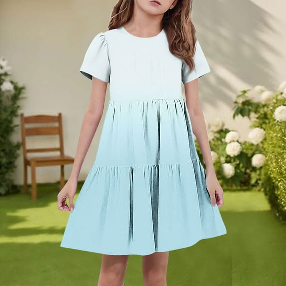 Spazoro Toddler Girls A-Line Dress, Short Sleeve Color Block Casual Round Neck Princess Dresses for Child Girls Light Blue Size 11-12T