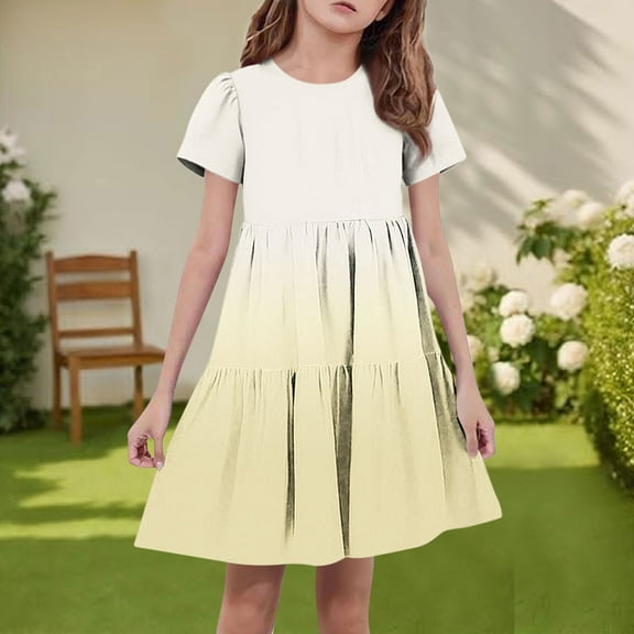 Spazoro Toddler Girls A-Line Dress, Short Sleeve Color Block Casual Round Neck Princess Dresses for Child Girls Yellow Size 7-8T