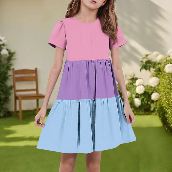 Spazoro Toddler Girls A-Line Dress, Short Sleeve Round Neck Color Block Casual Princess Dresses for Child Girls Pink Size 4-5T