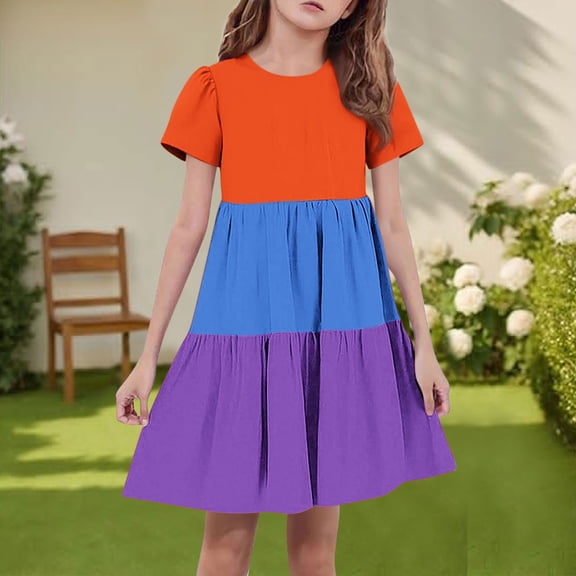 Spazoro Toddler Girls A-Line Dress, Short Sleeve Round Neck Color Block Casual Princess Dresses for Child Girls Watermelon Red Size 4-5T