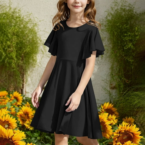 Spazoro Toddler Girls A-Line Dress, Short Sleeve Solid Color Casual Round Neck Princess Dresses for Child Girls Black Size 8 T