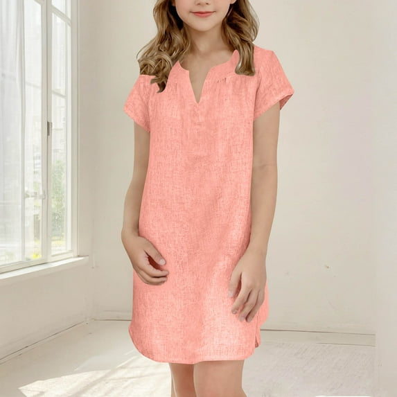 Spazoro Toddler Girls A-Line Dress, Short Sleeve Solid Color Round Neck Casual Princess Dresses for Child Girls Pink Size 5 T