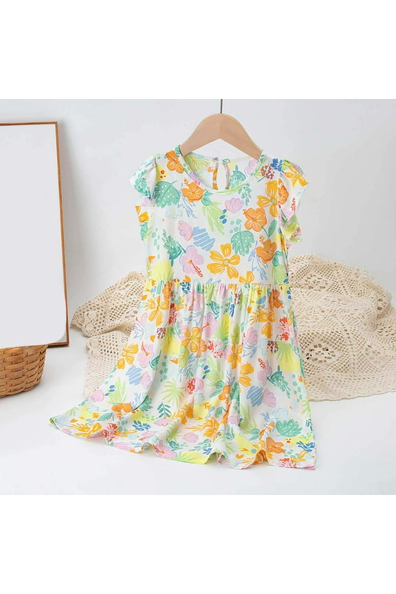 Toddler Girls A-Line Dress, Sleeveless Floral Print 2025 New Style Crew Neck Summer Dresses for Child Girls Yellow Size 4 T