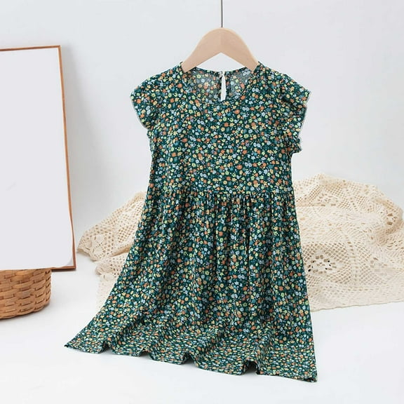 Spazoro Toddler Girls A-Line Dress, Sleeveless Floral Print Crew Neck 2025 New Style Summer Dresses for Child Girls Green Size 4 T