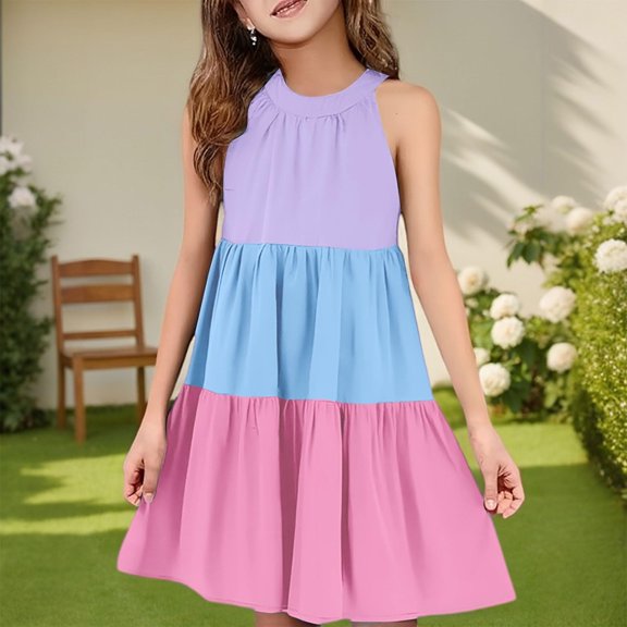 Spazoro Toddler Girls A-Line Dress, Sleeveless Round Neck with Tie Straps Color Block Princess Dresses for Child Girls Purple Size 3-4T
