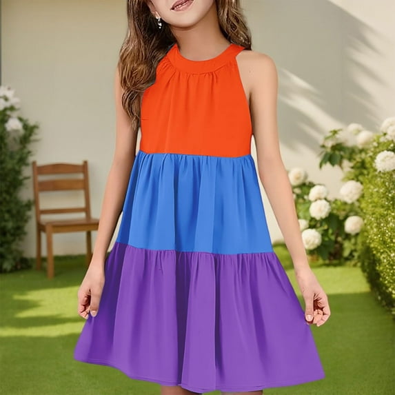 Spazoro Toddler Girls A-Line Dress, Sleeveless with Tie Straps Color Block Round Neck Princess Dresses for Child Girls Orange Size 11-12T