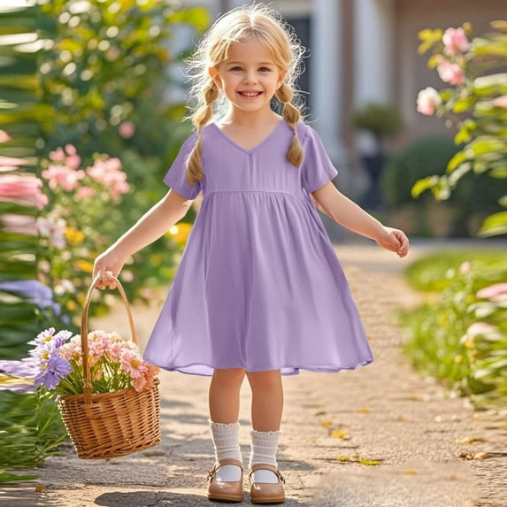 Spazoro Toddler Girls A-Line Dress, Solid Color Casual Short Sleeve V-Neck Princess Dresses for Child Girls Purple Size 13 T