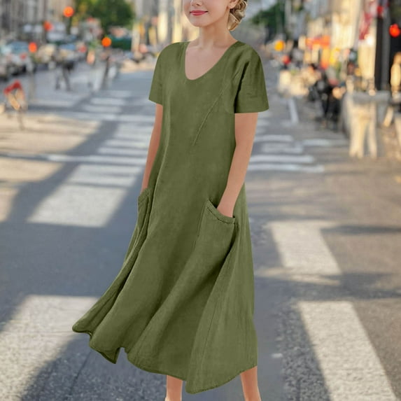 Spazoro Toddler Girls A-Line Dress, Solid Color Round Neck Casual Short Sleeve Princess Dresses for Child Girls Green Size 13 T