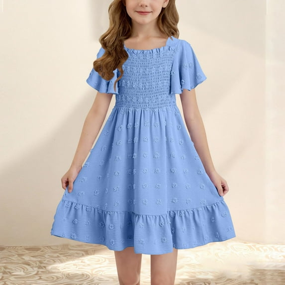 Spazoro Toddler Girls A-Line Dress, Solid Color Short Sleeve Casual Round Neck Princess Dresses for Child Girls Blue Size 10 T