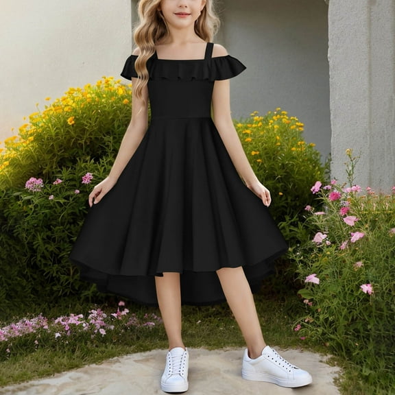 Spazoro Toddler Girls A-Line Dress, Solid Color with Tie Straps Short Sleeve Round Neck Princess Dresses for Child Girls Black Size 6 T
