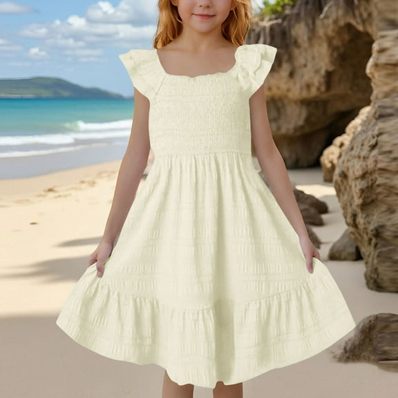Spazoro Toddler Girls A-Line Dress, Square Neck Casual Flutter Sleeve Solid Color Princess Dresses for Child Girls Beige Size 9 T