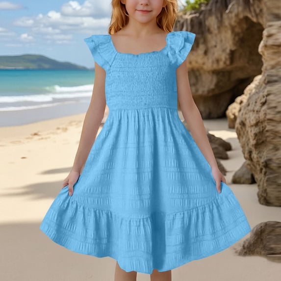 Spazoro Toddler Girls A-Line Dress, Square Neck Solid Color Flutter Sleeve Casual Princess Dresses for Child Girls Blue Size 11 T