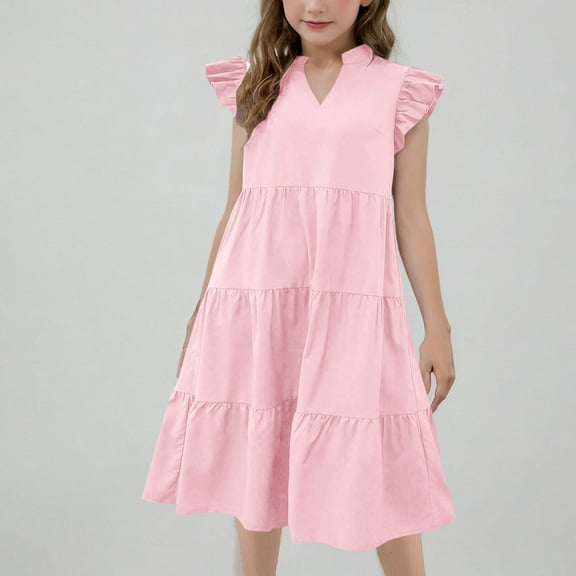 Spazoro Toddler Girls A-Line Dress, V-Neck Casual Solid Color Flutter Sleeve Princess Dresses for Child Girls Pink Size 8-9T