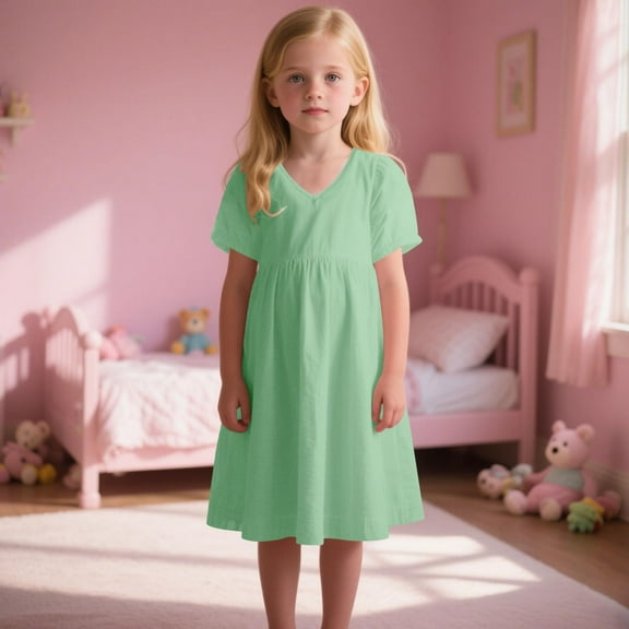 Spazoro Toddler Girls A-Line Dress, V-Neck Short Sleeve Solid Color Casual Princess Dresses for Child Girls Green Size 11 T