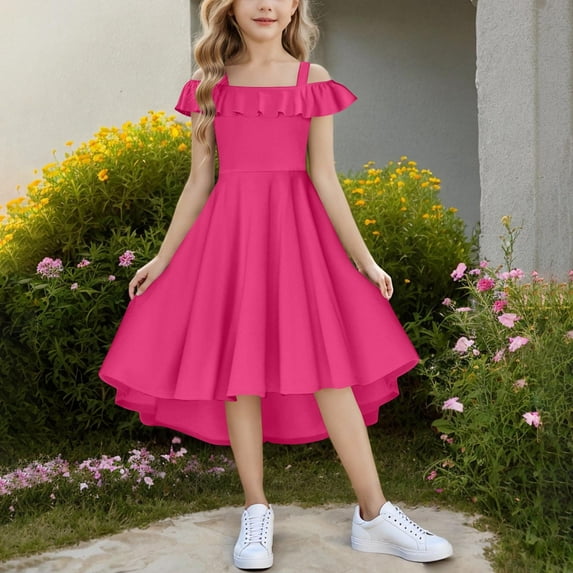 Spazoro Toddler Girls A-Line Dress, with Tie Straps Short Sleeve Round Neck Solid Color Princess Dresses for Child Girls Hot Pink Size 11 T