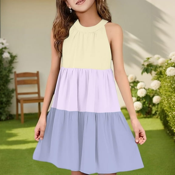 Spazoro Toddler Girls A-Line Dress, with Tie Straps Sleeveless Round Neck Color Block Princess Dresses for Child Girls Purple Size 11-12T