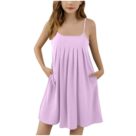 Spazoro Toddler Girls A-Line Dress, with Tie Straps Solid Color Sleeveless Round Neck Princess Dresses for Child Girls Purple Size 12 T