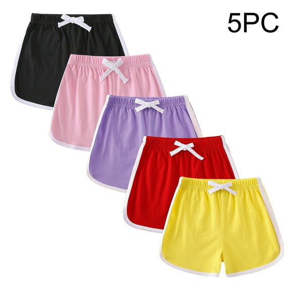 Spazoro Toddler Girls Activewear Outfit Sets, 5PC Solid Color Summer Cotton Short Sleeve Shirt and Shorts Sets Multicolor Size 6 T