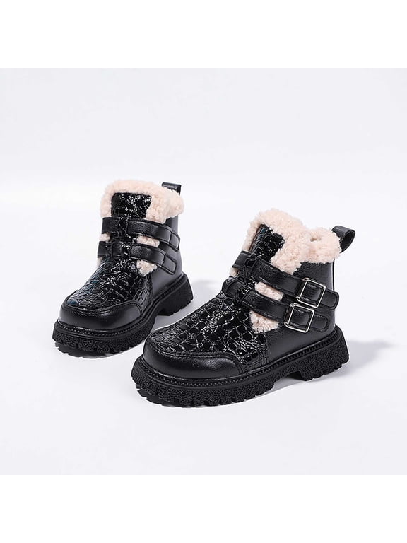 Toddler Girls Ankle Boots with Fleece Lined, Dual Buckle Croc Embossed Winter Non Slip Warm Short Booties for Daily Outdoor Activities Black
