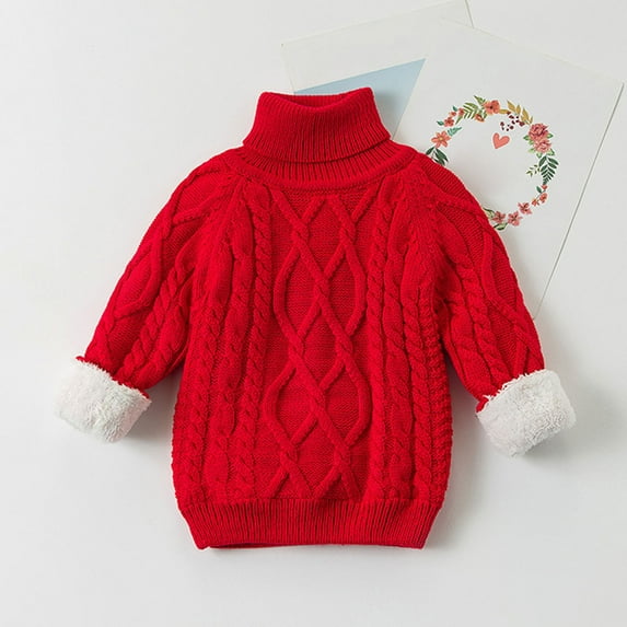 Spazoro Toddler Girls Boys Sweaters, Long Sleeve Casual Turtleneck Thickening Warm Shirts for Child Girls Red Size 12 Months