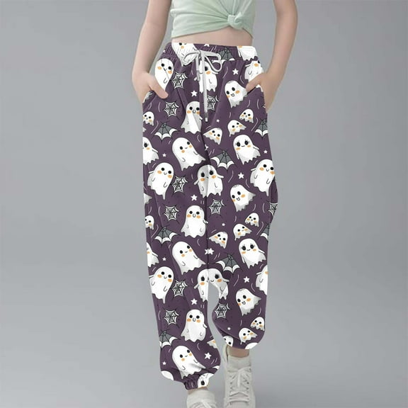 Spazoro Toddler Girls Boys Sweatpants, Drawstring Elastic Waist Long Sleeve Halloween Print Casual Jogger for Sports Purple Size 7-8T