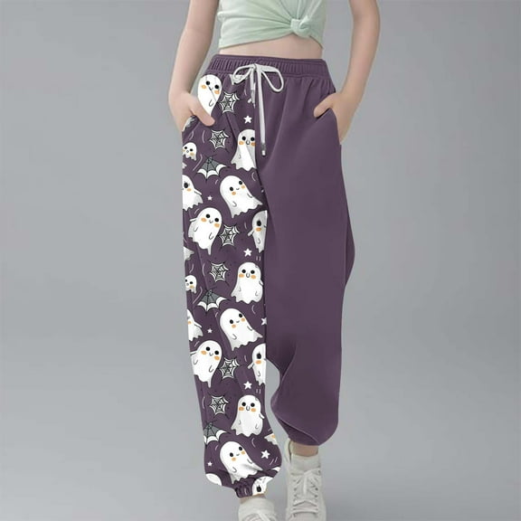 Spazoro Toddler Girls Boys Sweatpants, Long Sleeve Halloween Print Drawstring Elastic Waist Casual Jogger for Sports Purple Size 3-4T