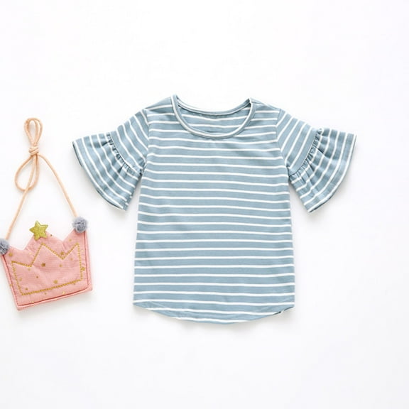 Spazoro Toddler Girls Boys T-Shirts Tees, Crew Neck Striped Short Sleeve Casual Breathable Summer Tops for Kids Unisex Blue Size 3 T