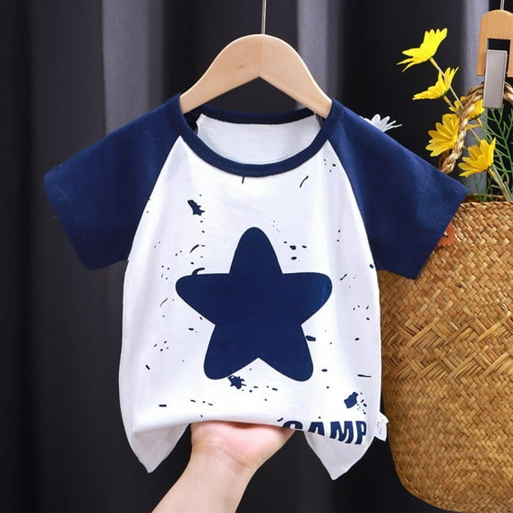 Spazoro Toddler Girls Boys T-Shirts Tees, Graphic Short Sleeve Crew Neck Casual Breathable Summer Tops for Kids Unisex Navy Size 5 T