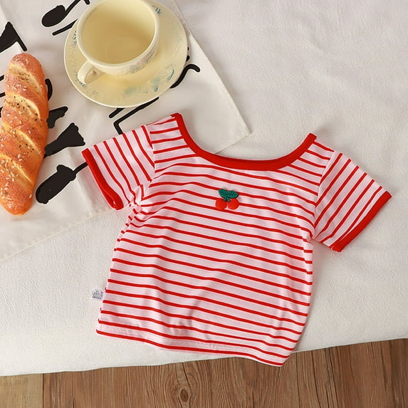 Spazoro Toddler Girls Boys T-Shirts Tees, Short Sleeve Casual Crew Neck Striped Breathable Summer Tops for Kids Unisex Red Size 12 Months