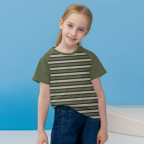 Spazoro Toddler Girls Boys T-Shirts Tees, Striped Casual Crew Neck Short Sleeve Breathable Summer Tops for Kids Unisex Army Green Size 7 T