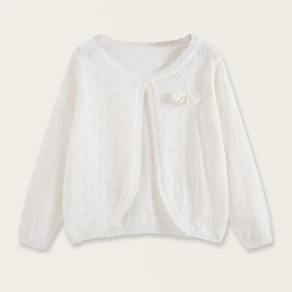 Spazoro Toddler Girls Cardigan, Lace Trim Heart Pattern Bow Knot Long Sleeve Cropped Shrug for Dailywear White Size 4 T