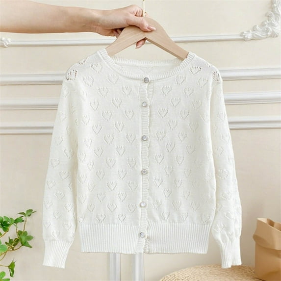 Spazoro Toddler Girls Cardigan Sweaters, Breathable Button Down Heart Pattern Long Sleeve Soft Knit Shrug for Dailywear White Size 1 T