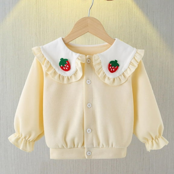 Spazoro Toddler Girls Cardigan Sweaters, Button Down Ruffled Collar Strawberry Long Sleeve Soft Knit Shrug for Dailywear Beige Size 18 Months