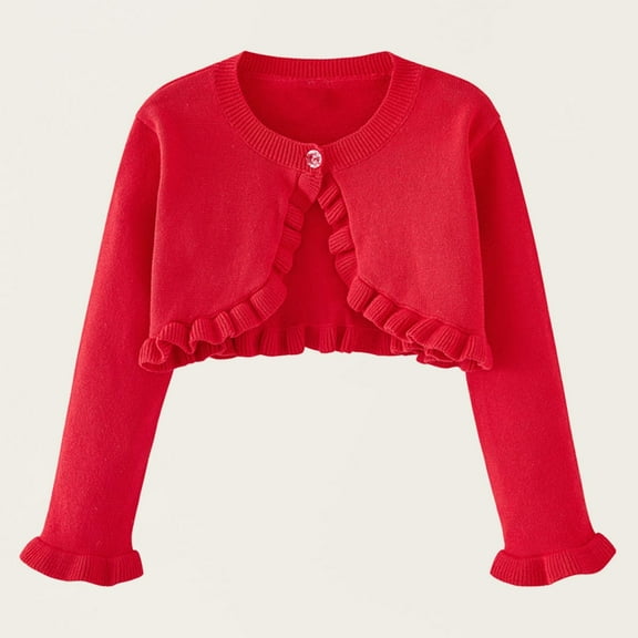 Spazoro Toddler Girls Cardigan Sweaters, Button Down Solid Color Long Sleeve Ruffled Trim Soft Knit Shrug for Dailywear Red Size 2 T