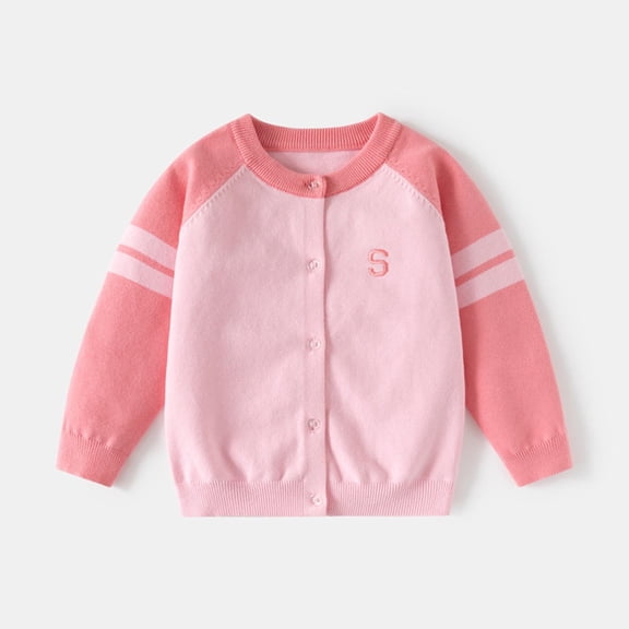 Spazoro Toddler Girls Cardigan Sweaters, Color Block Crew Neck Long Sleeve Button Down Soft Knit Shrug for Dailywear Pink Size 5 T