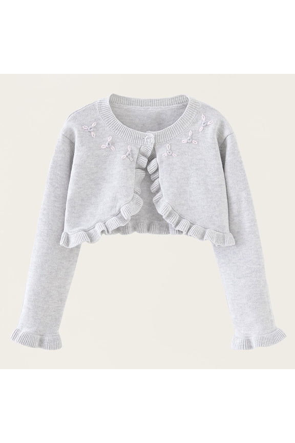 Toddler Girls Cardigan Sweaters, Flower Button Down Long Sleeve Ruffled Trim Soft Knit Shrug for Dailywear Gray Size 1-2T