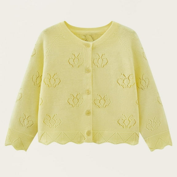 Spazoro Toddler Girls Cardigan Sweaters, Lace Trim Long Sleeve Button Down Butterfly Soft Knit Shrug for Dailywear Yellow Size 1 T