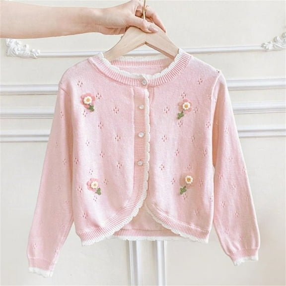 Spazoro Toddler Girls Cardigan Sweaters, Long Sleeve Button Down Lace Trim Floral Embroidered Soft Knit Shrug for Dailywear Pink Size 1 T