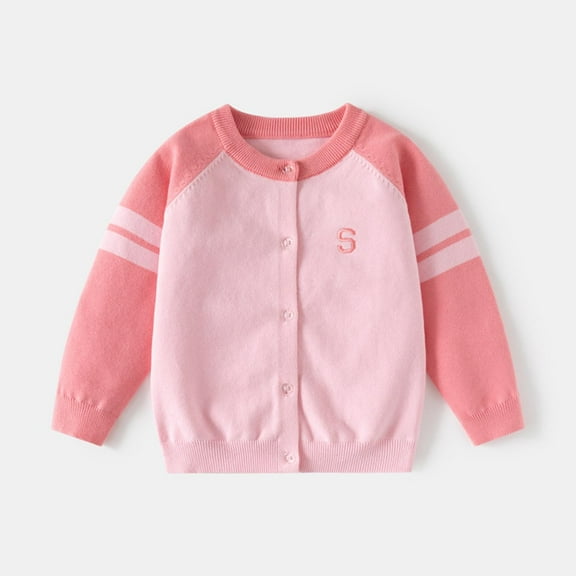 Spazoro Toddler Girls Cardigan Sweaters, Long Sleeve Color Block Crew Neck Button Down Soft Knit Shrug for Dailywear Pink Size 3 T