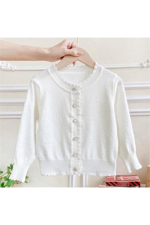 Toddler Girls Cardigan Sweaters, Long Sleeve Polka Dot Lace Trim Pearl Button Soft Knit Shrug for Dailywear White Size 5 T