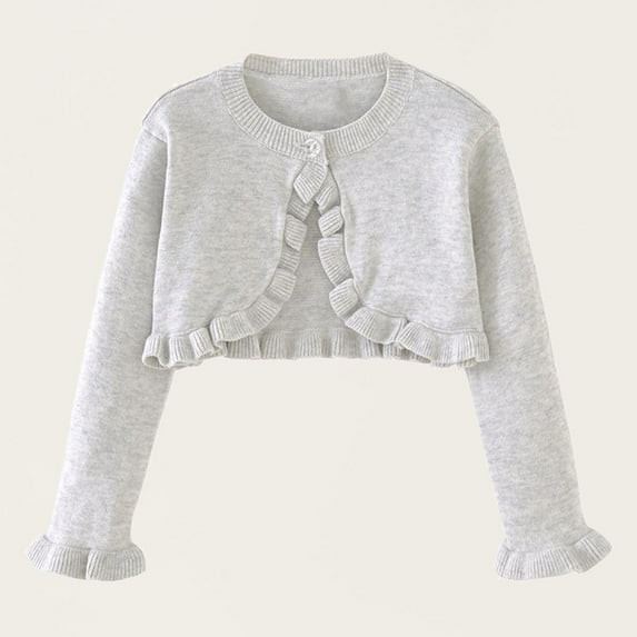 Spazoro Toddler Girls Cardigan Sweaters, Long Sleeve Solid Color Button Down Ruffled Trim Soft Knit Shrug for Dailywear Gray Size 7 T