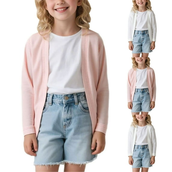 Spazoro Toddler Girls Cardigan Sweaters, Open Front Long Sleeve Versatile Solid Color Soft Knit Shrug for Dailywear Pink Size 4-5T