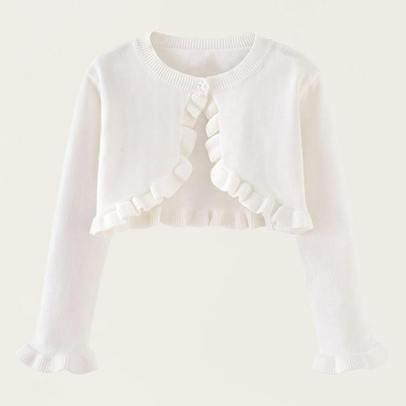Spazoro Toddler Girls Cardigan Sweaters, Ruffled Trim Button Down Solid Color Long Sleeve Soft Knit Shrug for Dailywear White Size 3 T