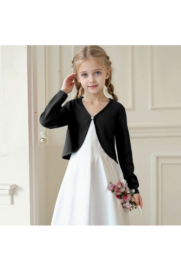 Toddler Girls Cardigan Sweaters, V-neck Long Sleeve Open Front Lightweight Cropped Shrug for Dailywear Black Size 9-10T