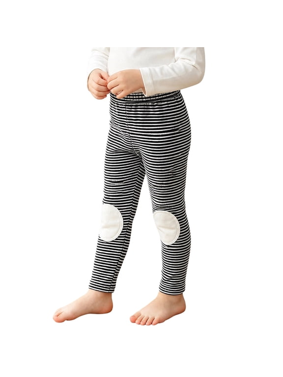 Toddler Girls Cotton Leggings with Knee Patches, Stretchy Striped Soft Elastic Waist Casual Bottoms for Daily Wear Black Size 2T
