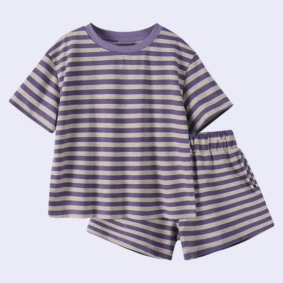 Spazoro Toddler Girls Cute Outfit Sets, Cotton 2-Pieces Summer Striped Short Sleeve Shirt and Shorts Sets Purple Size 5 T