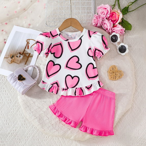 Spazoro Toddler Girls Cute Outfit Sets, Crew Neck 2-Pieces Summer Love Print Short Sleeve Shirt and Shorts Sets Pink Size 12 Months