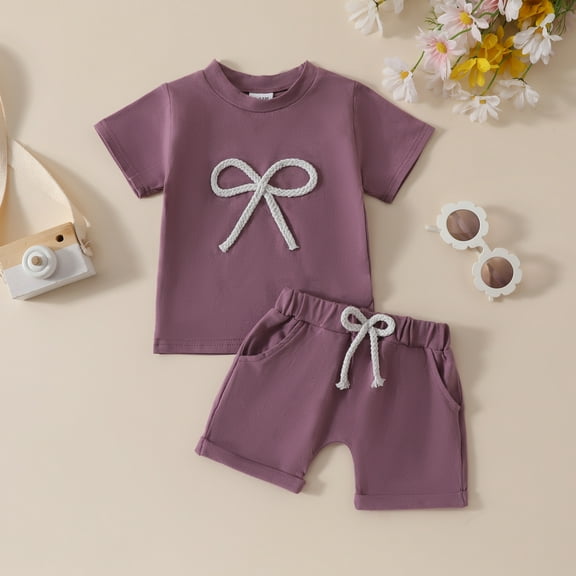 Spazoro Toddler Girls Cute Outfit Sets, Solid Color 2-Pieces Summer Cotton Short Sleeve Shirt and Shorts Sets Purple Size 12 Months